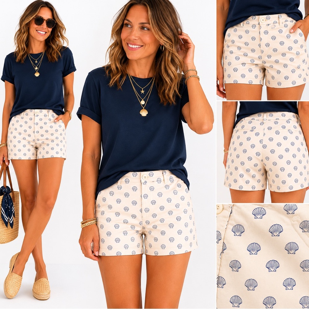 Seashell print white button zip fly classic fit shorts - Picture 1 of 8
